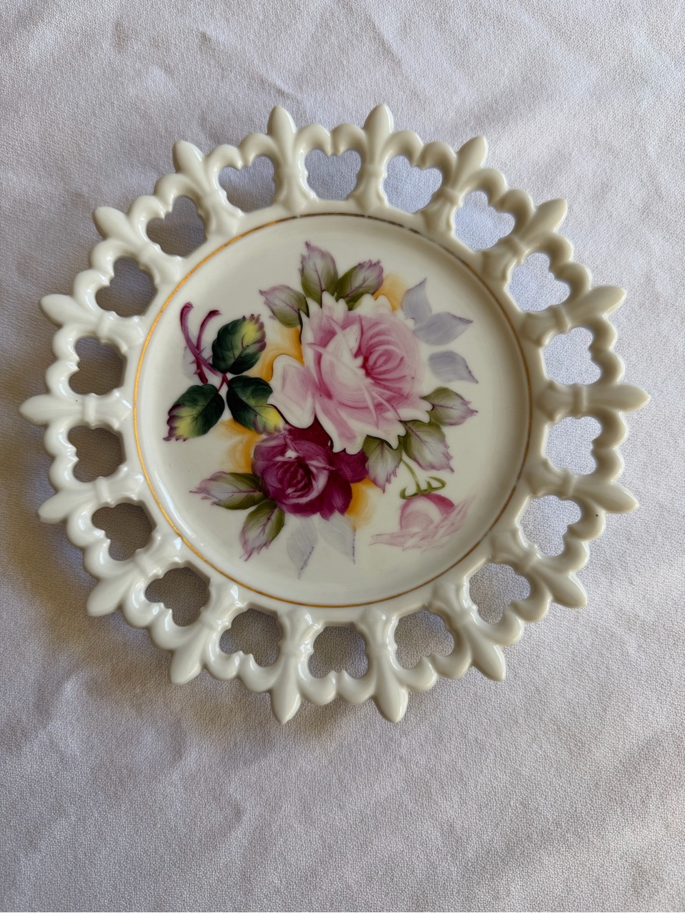 VTG Porcelain Reticulated Hand Painted Floral Plate with Pink Rose Motif - Japan
